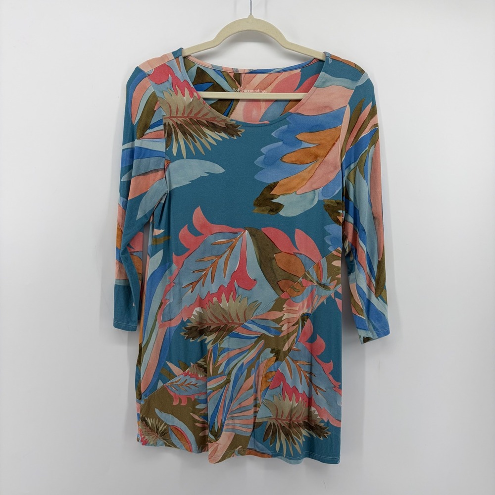 Soft Surroundings Womens PXS Blue Floral 3/4 Sleeve Tropical Scoop Neck Top